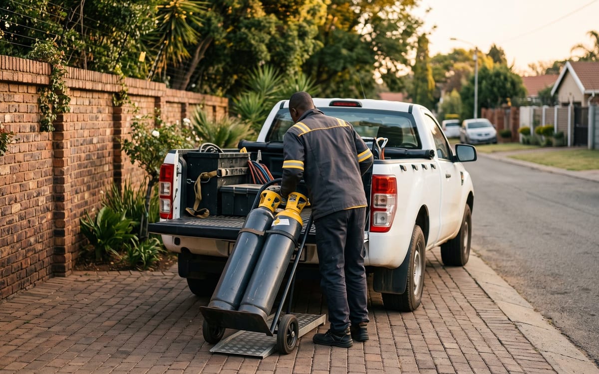 Technician loading gas cylinders on a trolley into a white bakkie on a suburban street at dusk.