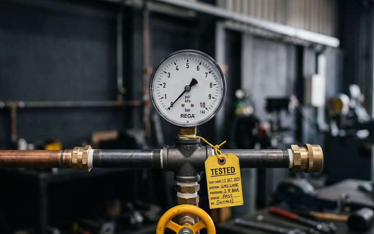 Pressure gauge on a gas test point, with a yellow tag recording the test date, the pressure and a pass result.