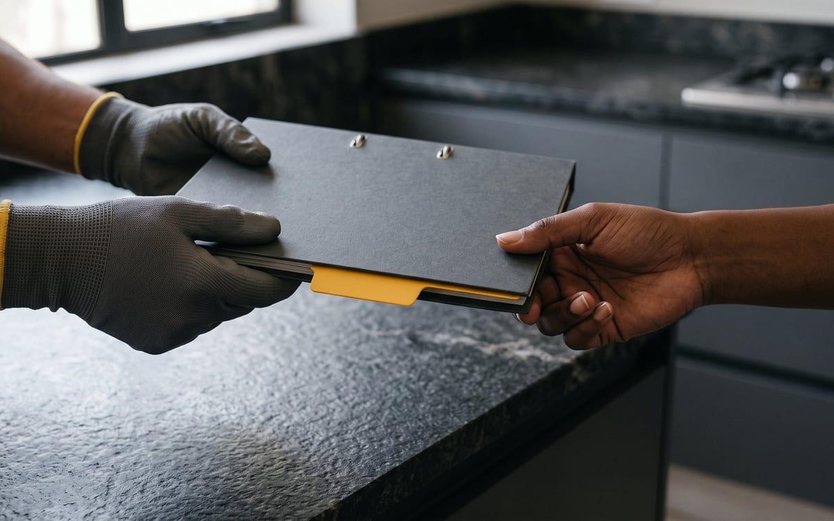 Technician in work gloves handing a folder of completed paperwork to a client across a kitchen counter.