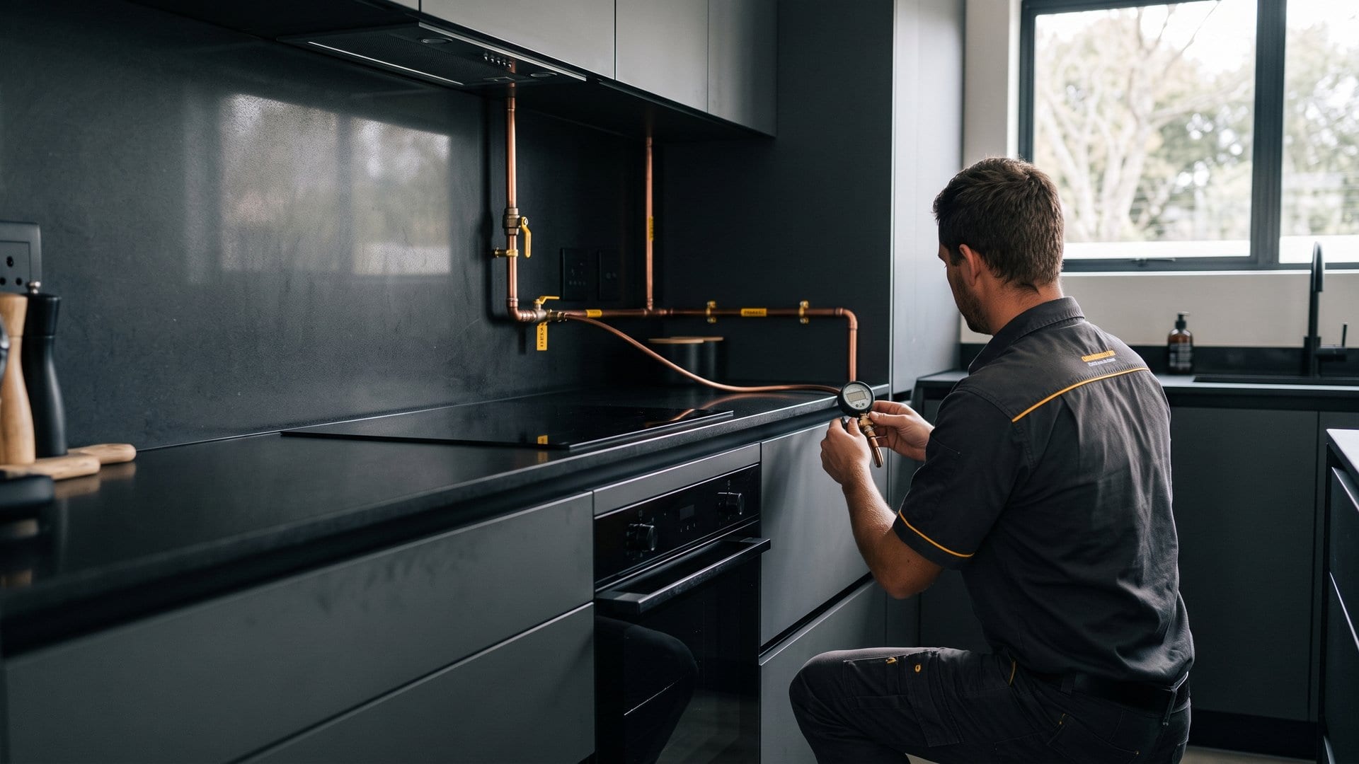 Technician kneeling in a dark fitted kitchen, holding a digital pressure gauge connected to copper gas pipework above the hob.