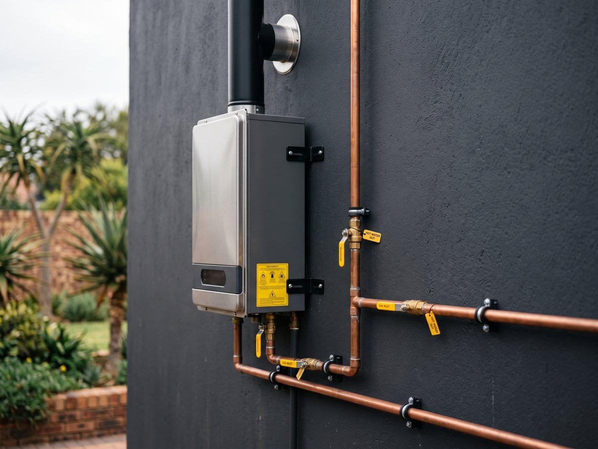 Wall-mounted gas water heater outside a home, with copper pipework and yellow tagged isolation valves marked gas inlet and hot water out.