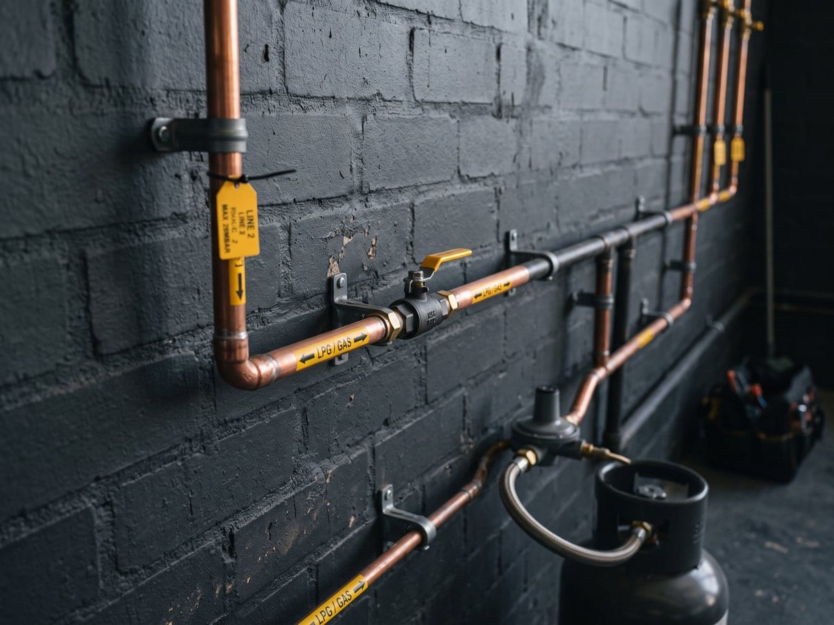 Copper and steel gas reticulation on a dark brick wall, marked with yellow LPG and gas labels, feeding a regulator and cylinder.