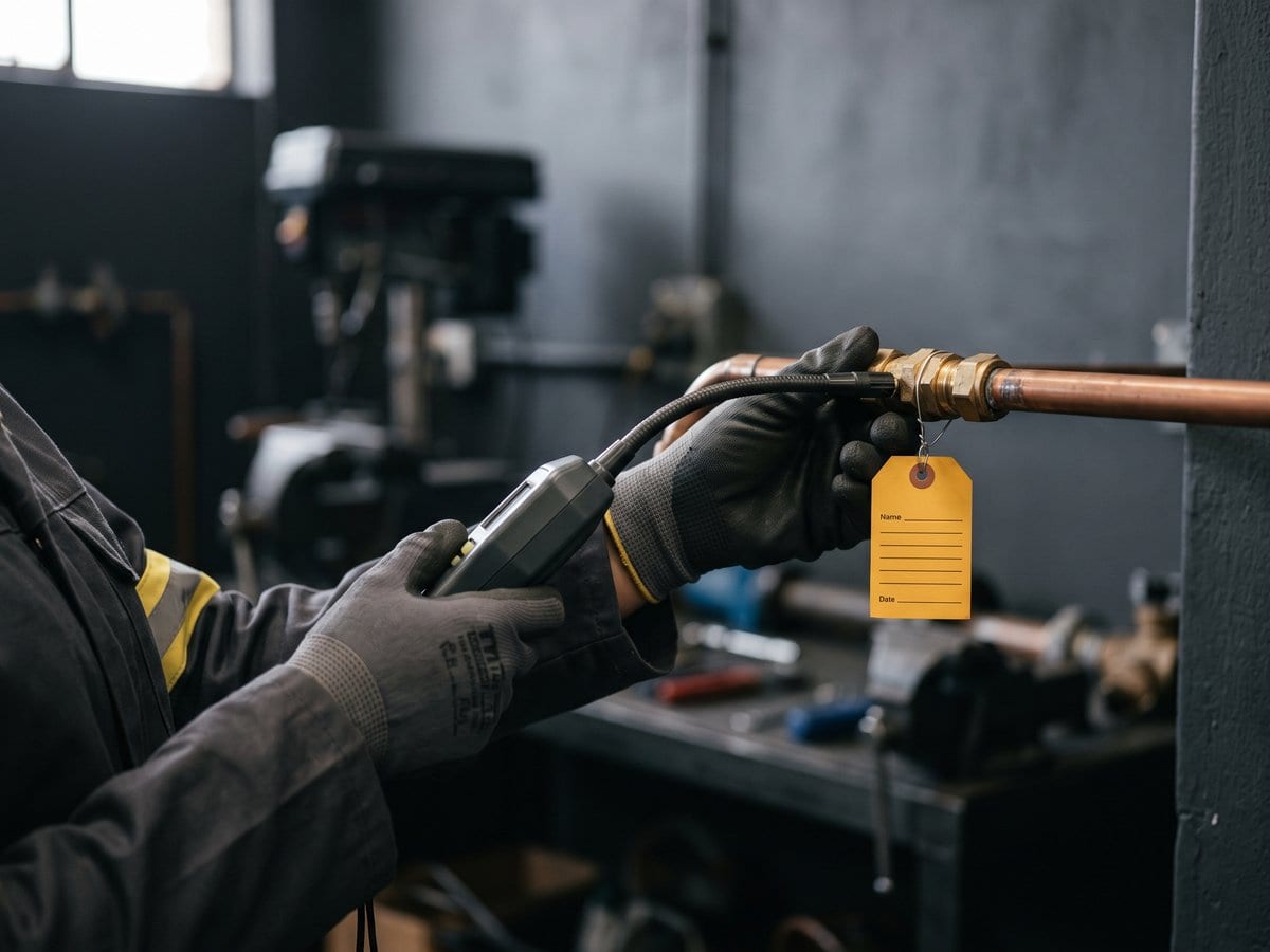 Gloved hands holding an electronic gas leak detector against a copper pipe joint fitted with a yellow tag.