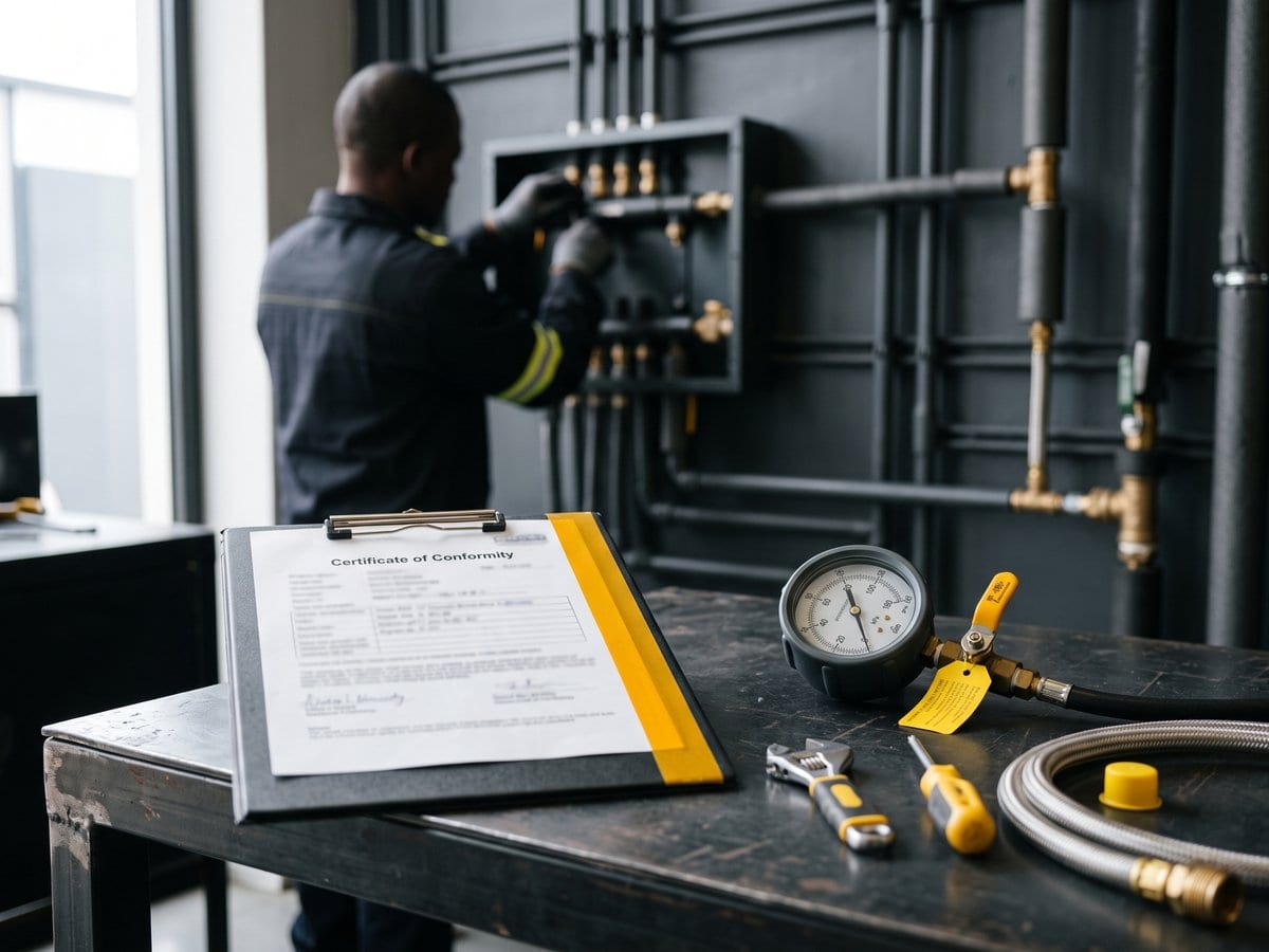 A Certificate of Conformity on a clipboard beside a pressure gauge, valve and tools, with a technician working on a gas manifold behind.
