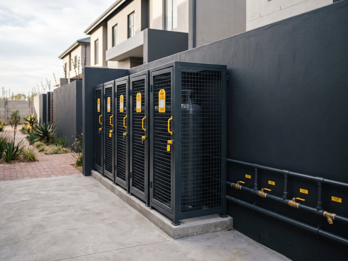 Row of locked steel gas cylinder cages with yellow safety signage beside marked reticulation pipework at a residential development.